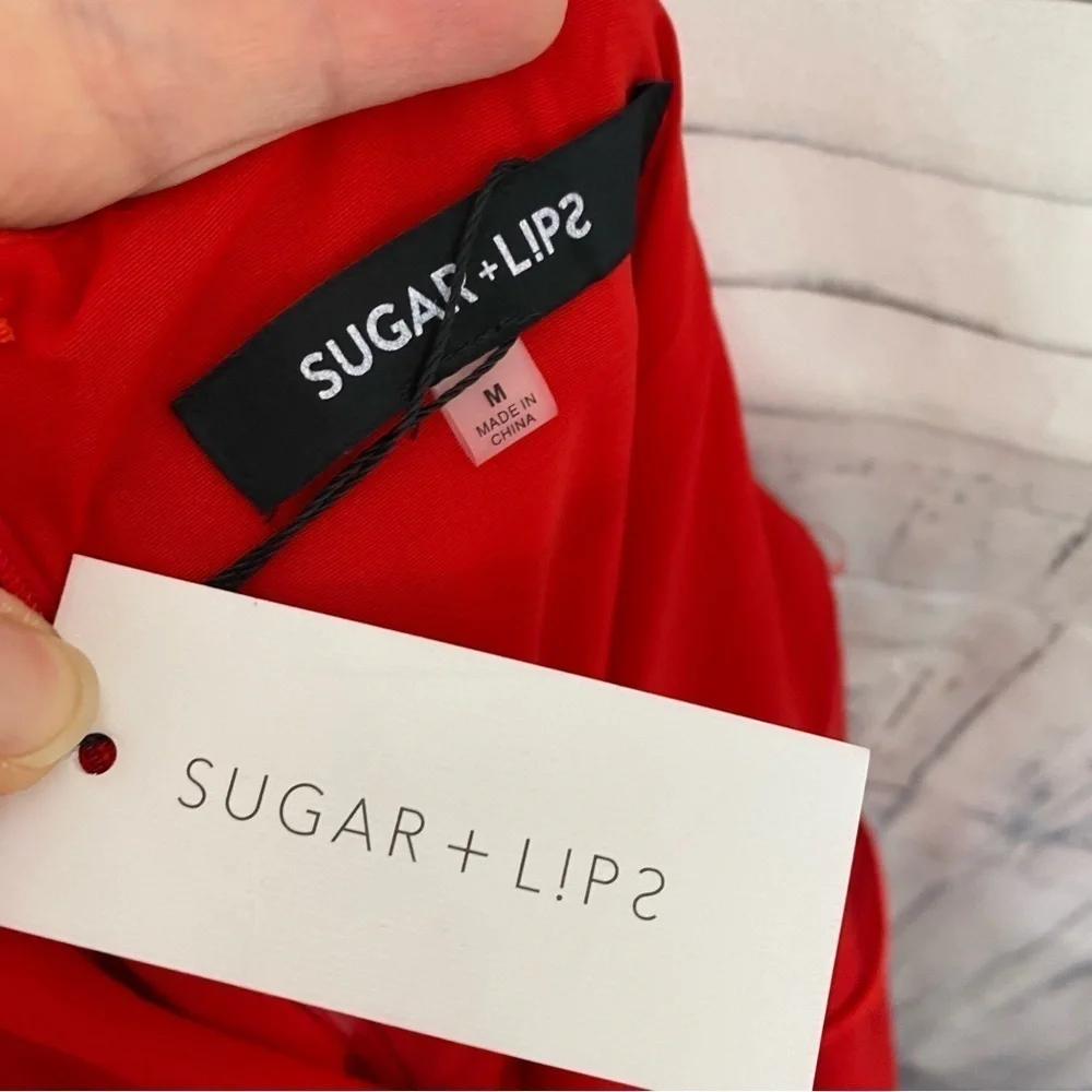 sugar + lips Medium Solid Red Satin One Shoulder Jumpsuit Sleeveless Cocktail - Picture 6 of 6